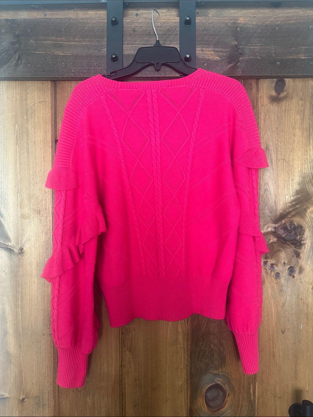 White House Black Market Hot Pink Ruffle-Sleeve Cable Knit Sweater - Picture 2 of 2